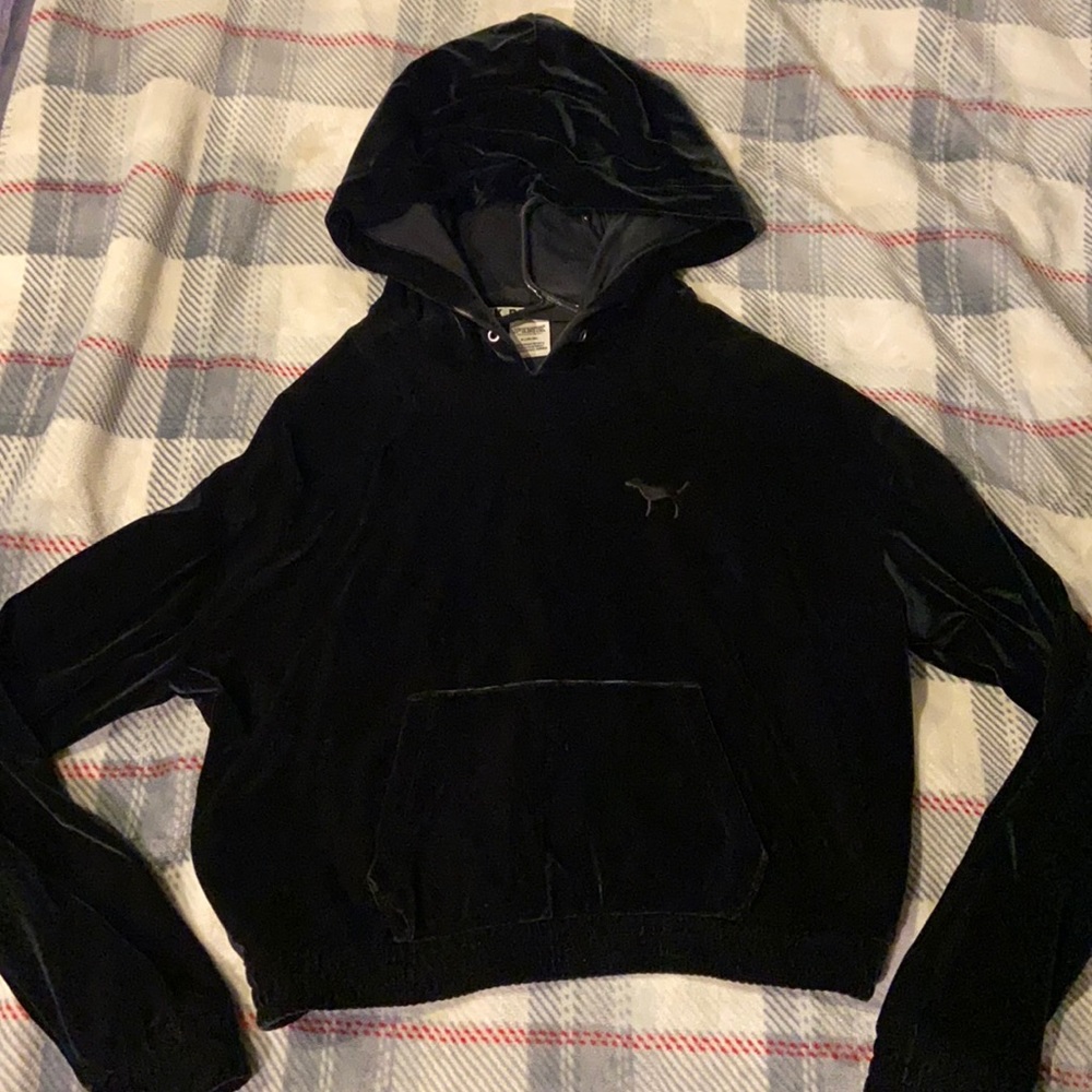 PINK Black Velvet Cropped Hoodie